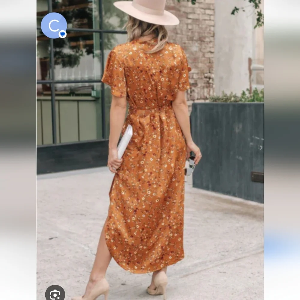 Lovestitch Rust Floral Wrap Midi Dress Boho Chic Tie Waist - Picture 3 of 10